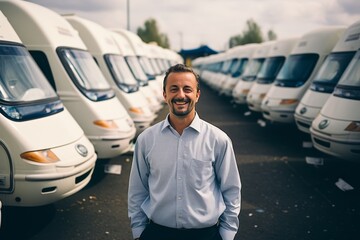 Line of Brand New Camper Vans Motorhomes Awaiting Clients on Dealership Sales Lot with manager - obrazy, fototapety, plakaty