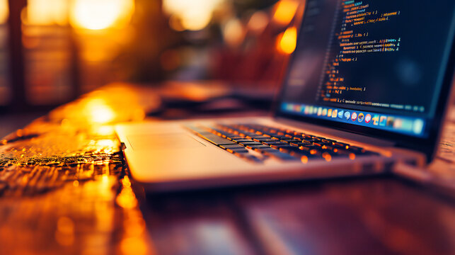 Technology and coding concept with a laptop and digital elements, representing programming and development.