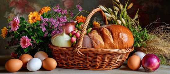 Easter food basket for church blessing, traditional Catholic European custom with eggs, onion, ham,...