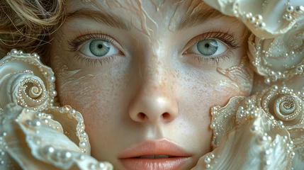 Poster Captivating image a close up woman's face decorated with shell and pearls.  Surrealistic artwork. The intricate details, and utilize soft lighting. The magical and dreamlike ambiance. © Andrey Shtepa