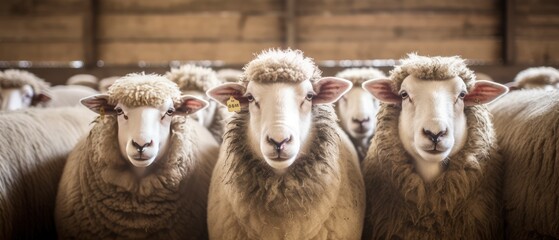 Obraz premium A Herd of Sheep Standing Together in a Flock on Grass Field
