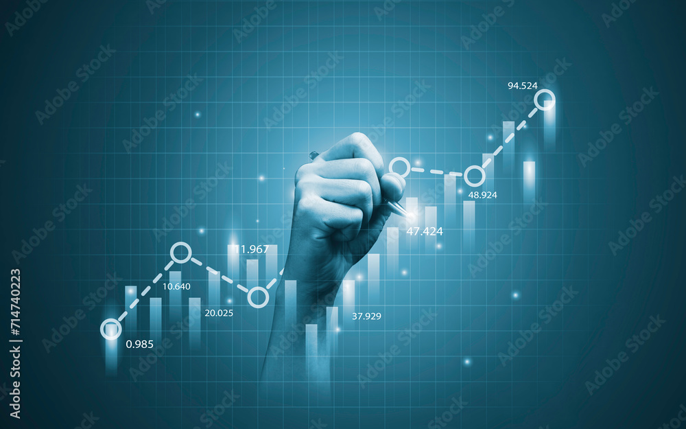 Aufkleber hand drawing virtual technical graph and chart for analysis stock market, trader use technology inve