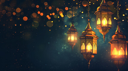 Arabic lamp ornamental at night with glowing background and golden glittering