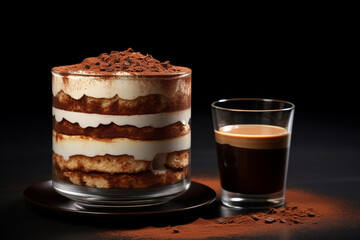 Classic tiramisu dessert in a glass and cup of coffee on concrete background