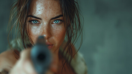 Hübsches Frauen Gesicht mit einer Waffe zielt in die Kamera als Nahaufnahme, ai generativ - obrazy, fototapety, plakaty
