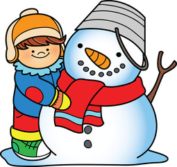 Boy making a snowman in winter clip art