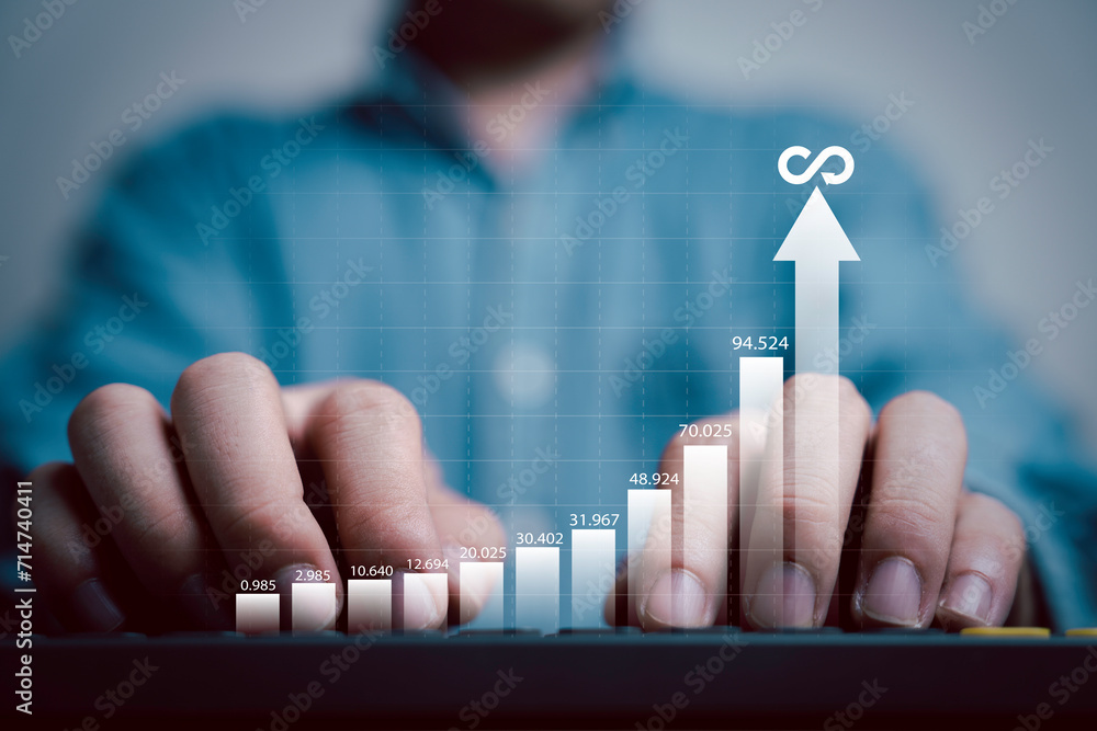 Poster businessman using computer keyboard with increasing graph for financial banking increase interest ra