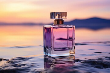 perfume on the beach, luxury fragrance in nautical style, perfume bottle on a sand against the sea, Perfume bottle on water, perfume on the beach at sunset