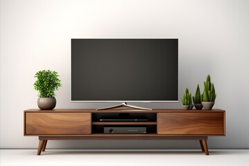 TV with black screen hangs on the wall in the room copy space white mockup template