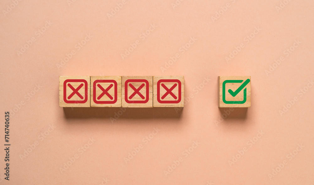 Poster Green correct sign mark move out from red cross mark for approve and reject document and project concept.