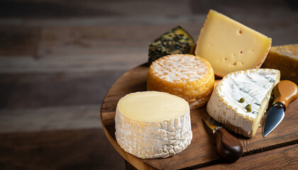 Various kind of cheese served on wooden table, traditional pieces of french and italy hand-made cheese. Copyspace for text