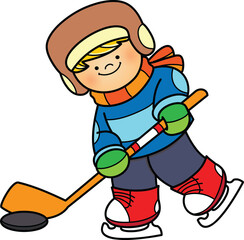 Boy playing ice hockey in winter clip art
