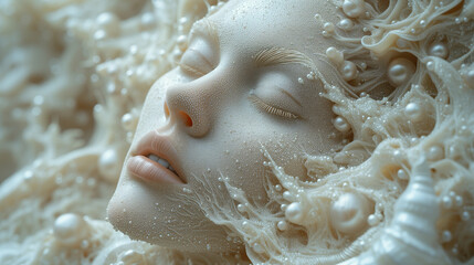 Captivating image a close up woman's face decorated with shell and pearls.  Surrealistic artwork. The intricate details, and utilize soft lighting. The magical and dreamlike ambiance. - obrazy, fototapety, plakaty
