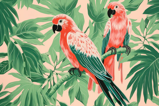 Exotic Birds Paradise: Seamless Tropical Nature Print with Beautiful Macaw Parrots and Palm Leaves - Decorative Wildlife Illustration