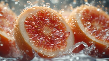 Close-up of fresh slices of orange in sparkling water. vibrant citrus fruit, healthy eating theme. AI