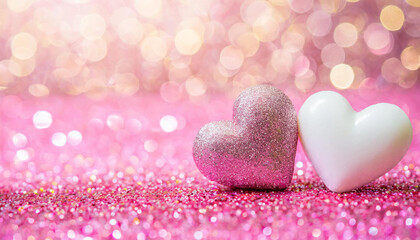 Fototapeta premium Two Hearts On Pink Glitter In Shiny Background - Valentine's Day Concept
