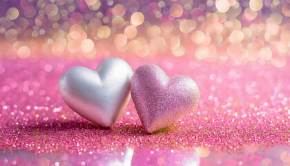 Fototapeta premium Two Hearts On Pink Glitter In Shiny Background - Valentine's Day Concept