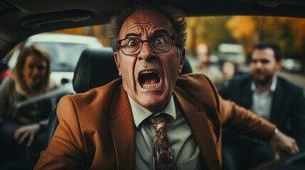 Scared businessman in a car crash, scared facial expression