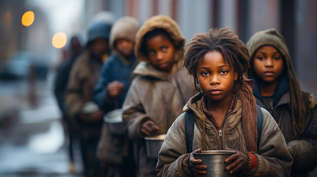 African poor homeless sad children are standing in line to get food