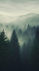 Foggy forest in the mountains and hills retro color landscape. Phone wallpaper background, for stories, media, social sample, banner.