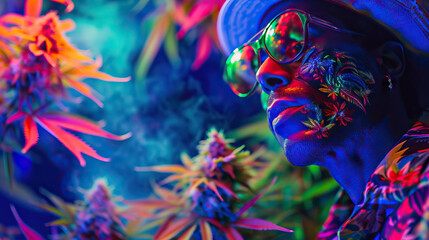 Marijuana Farmer. Weed Grower. Bathed in a Spectrum of Rainbow Colors, Radiating Vivid and Colorful Reflections