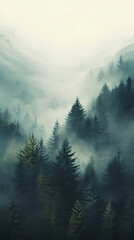 Foggy forest in the mountains and hills retro color landscape. Phone wallpaper background, for stories, media, social sample, banner.