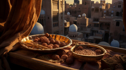 A tray of dates, a traditional food to break the fast with, and a symbol of the holy month
