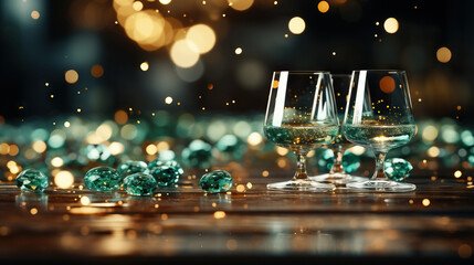 New Year's Sparkle: Captivating Background with a Sparkler at the Eve Party, Illuminated by Glowing Green Lights, Signifying a New and Fresh Future