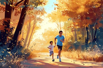 father and son are running in the afternoon - obrazy, fototapety, plakaty