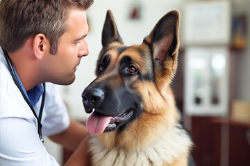 A male veterinarian is conducting a thorough examination of a german shepherd in his clinic