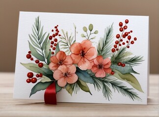  Watercolor Illustration. Hand painted winter plants Generative AI