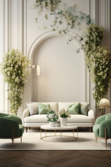 Modern living room filled with lots of greenery with sofa generated.AI