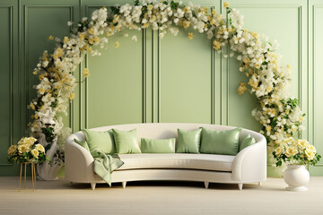 Modern living room filled with lots of greenery with sofa generated.AI