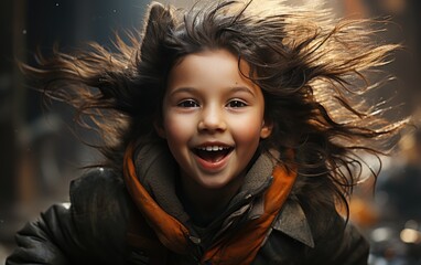 A joyous young girl with windswept hair and a wide open mouth radiates warmth and happiness in her winter jacket amidst the outdoor elements