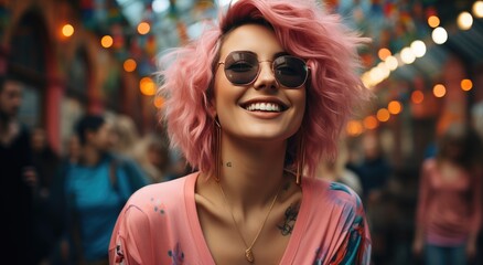 A fashion-forward woman confidently rocks her pink hair and stylish sunglasses, exuding a bold sense of street fashion and radiating a contagious smile