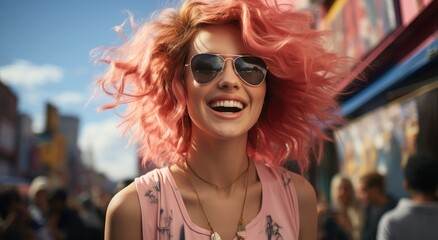A stylish woman with vibrant pink hair and fashionable sunglasses smiles confidently as she walks down the street, showcasing her unique fashion sense and bold personality