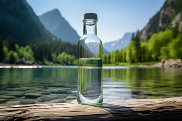 glass bottle with water, water clear and clean, on the background of a mountain river - obrazy, fototapety, plakaty