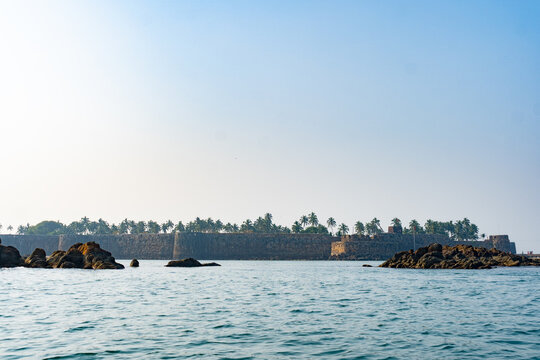 view of Sindhudurg fort  from ocean and blue sky 