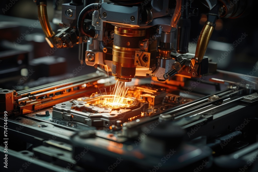 Aufkleber inside a bustling workshop, a powerful machine intricately cuts through sheets of metal with its pre