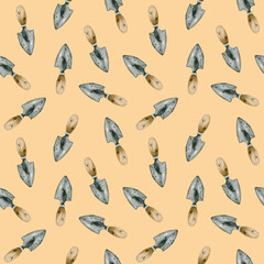 Watercolor hand drawn garden tools seamless pattern on peach colored background. Vintage metal small shovels background in random composition for packing, label, floral hobby shop design. Rustic