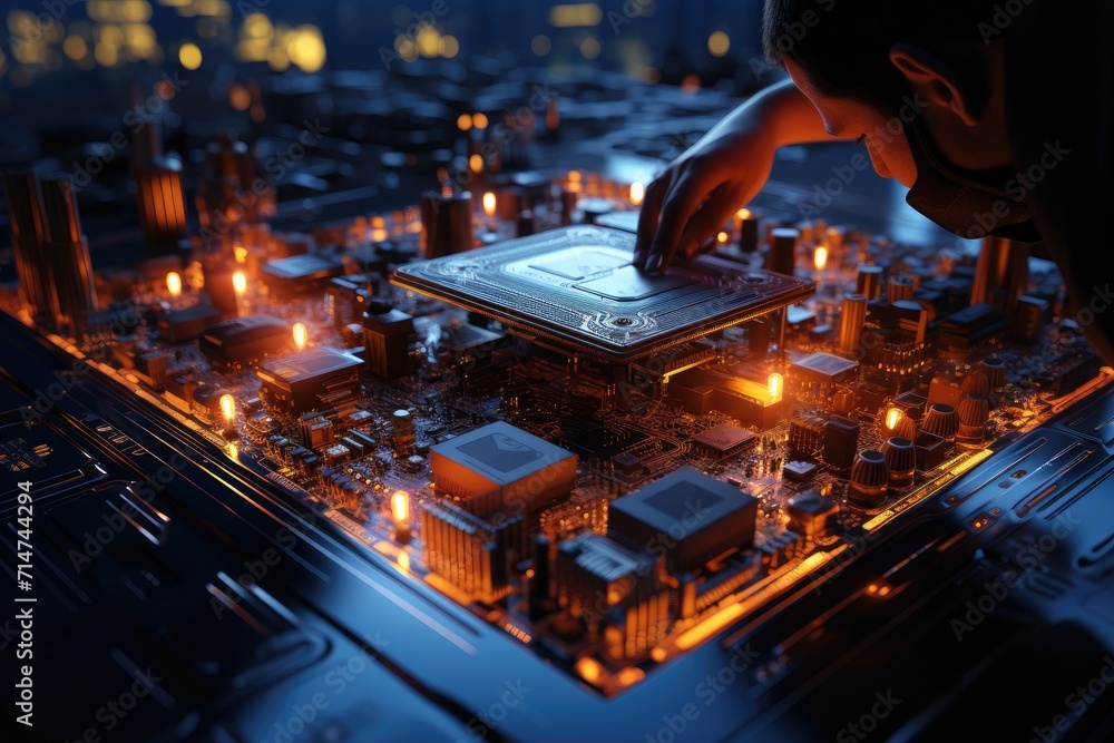 Poster a skilled engineer delicately manipulates a tiny computer chip, channeling their passion for electro