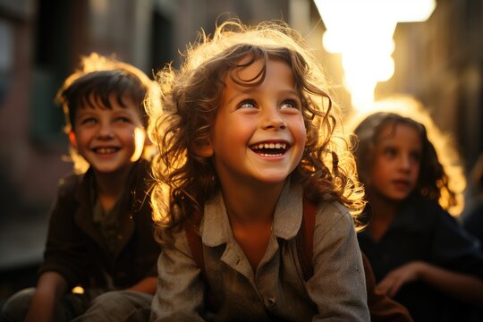 A joyful group of young girls wearing colorful clothing and beaming with happiness while playing outside