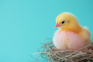 Yellow cute chicken in a nest on a blue background. Domesticated animal. Cute photo template for Easter banner, card, background with place for text.
