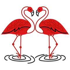 Two flamingos of red doodle color are flat. Flamingos isolated on a white background. Tropical exotic birds are animals, standing on one leg, a heart. Flat vector illustration in the form of doodles.