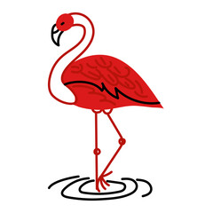 Flamingo red doodle is flat. Cute flamingo isolated on a white background. A tropical exotic bird is an animal standing on one leg. Flat vector illustration in the form of doodles