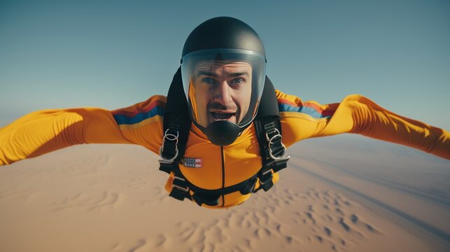 Airborne soldier with parachute on back jumps out of military plane at sunrise light