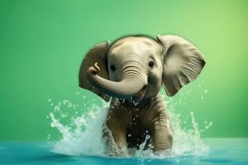 A joyful little elephant splashing in the water on a green background. Close-up.