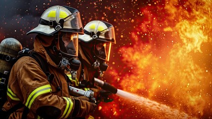 Obraz premium 911. Firefighters at work against the backdrop of a raging flame. Brave firefighters battling the inferno, risking their lives to save others.