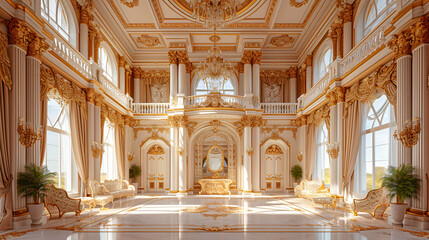 A classic extravagant European style palace room with gold decorations. Realistic illustration. wide format, Hand edited generative AI. - obrazy, fototapety, plakaty
