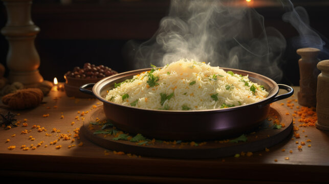 A plate of steaming hot mandi rice, a traditional Arab dish often eaten during Ramadhan